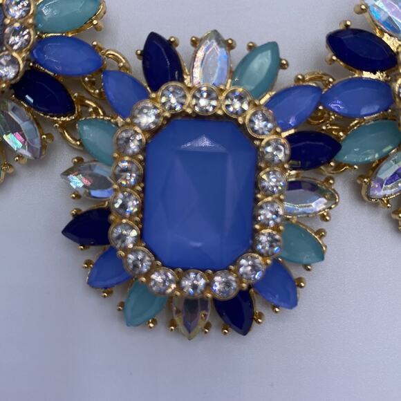 Women Gold Tone Blue Faux Gems Rhinestones Statement Bib Chain Necklace - Picture 5 of 5